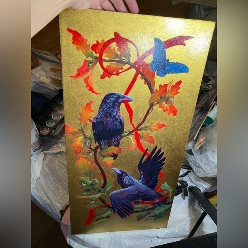 ORIGINAL Ravens crow painting Butterfly art Oak Leaves Gold accent nature - Picture 7 of 9
